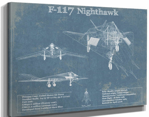 14" x 11" / Stretched Canvas Wrap Cutler West F-117 Nighthawk Military Aircraft Patent - Blueprint Military Wall Art