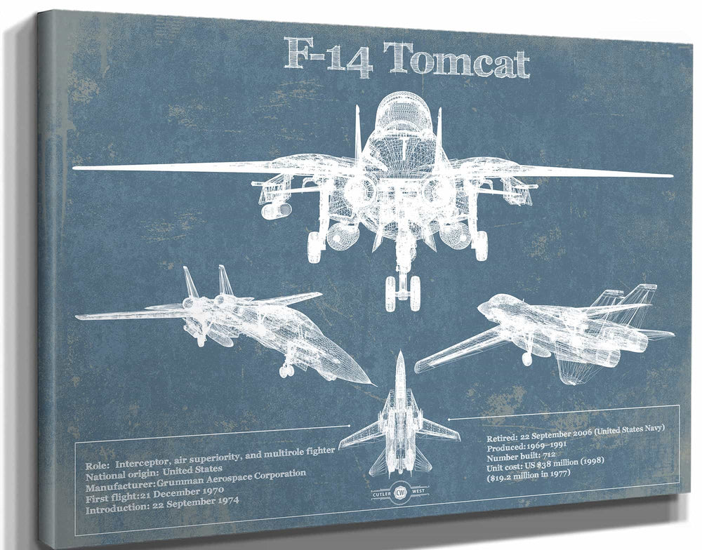 14" x 11" / Stretched Canvas Wrap Cutler West F-14 Tomcat Vintage Aviation Blueprint Military Print