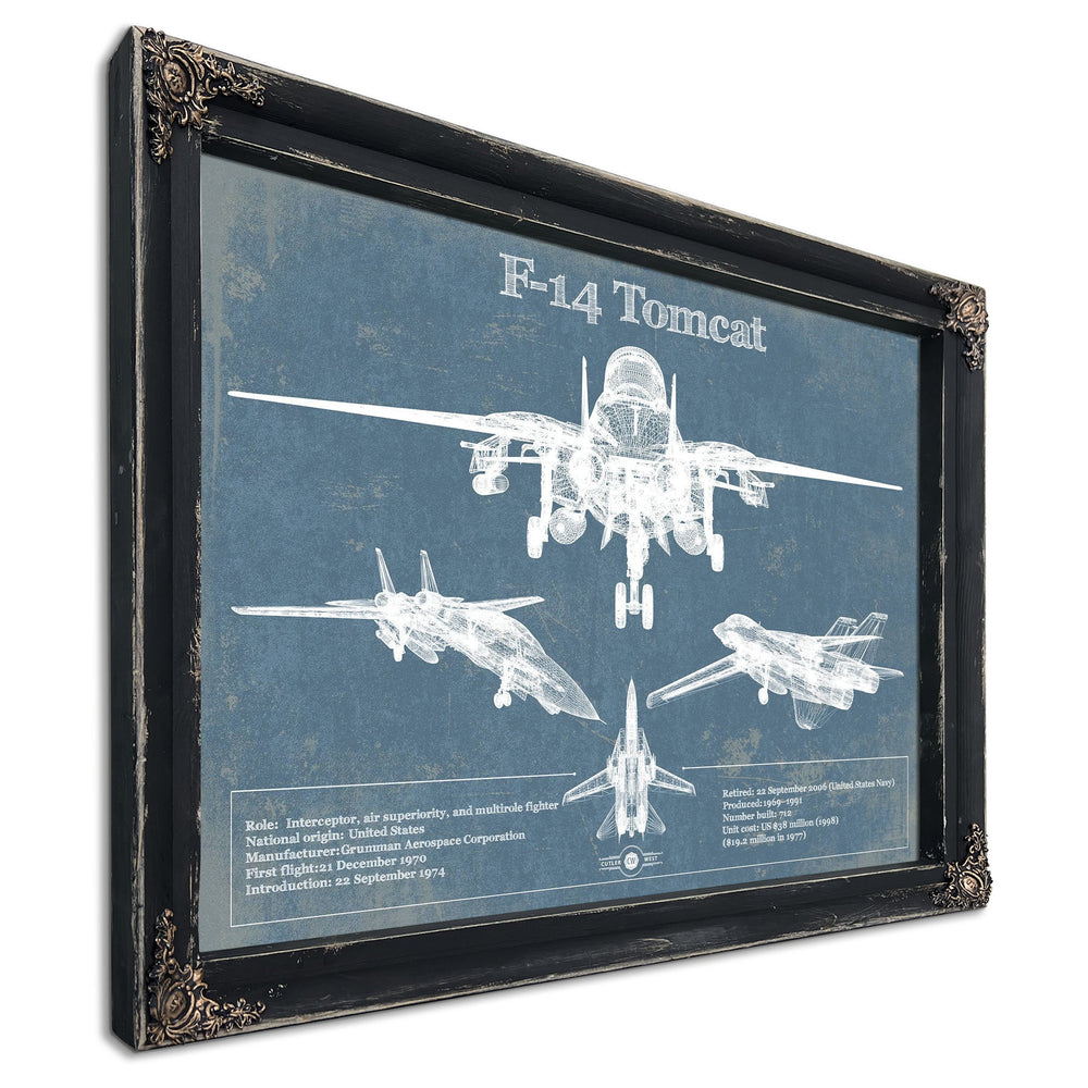 F-14 Tomcat Blueprint Aircraft Print in a distressed Vintage Black wood frame with ornate corners