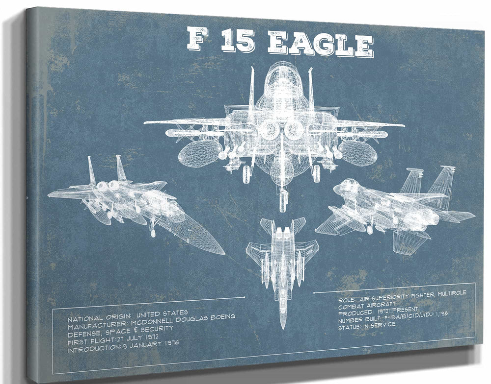 14" x 11" / Stretched Canvas Wrap Cutler West F-15 Eagle Vintage Aviation Blueprint Military Print - Custom Name and Squadron Text