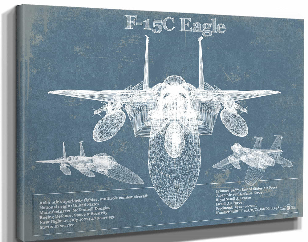 14" x 11" / Stretched Canvas Wrap Cutler West F-15C Eagle Vintage Aviation Blueprint Military Print - Custom Name and Squadron Text