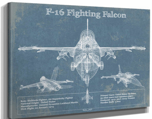 14" x 11" / Stretched Canvas Wrap Cutler West F-16 Aircraft Patent Blueprint Original Military Wall Art