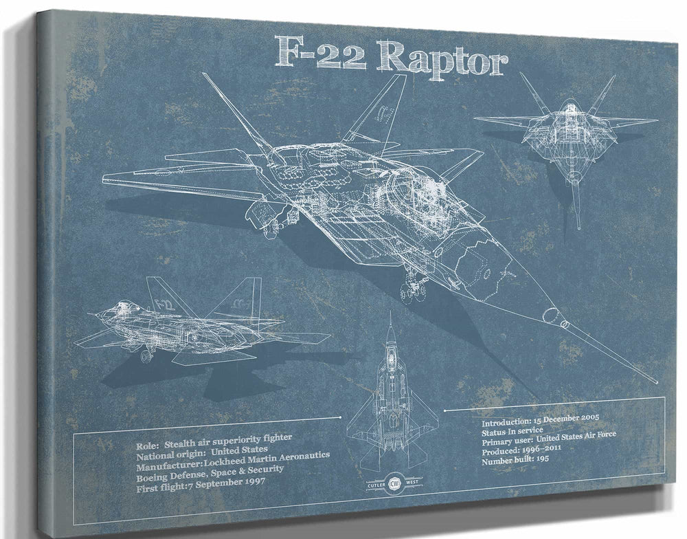 14" x 11" / Stretched Canvas Wrap Cutler West F-22 Raptor Aviation Blueprint Military Print - Custom Name and Squadron Text