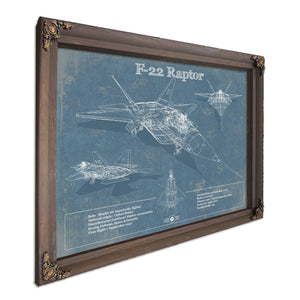 F-22 Raptor Blueprint Aircraft Print in a Bourbon stained wood frame with antique gold corners