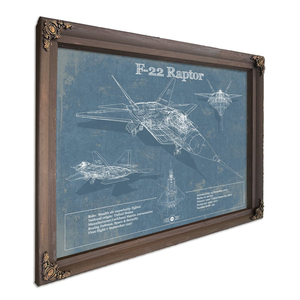 F-22 Raptor Blueprint Aircraft Print in a Bourbon stained wood frame with antique gold corners