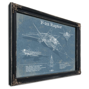 F-22 Raptor Blueprint Aircraft Print in a distressed Vintage Black wood frame with ornate corners