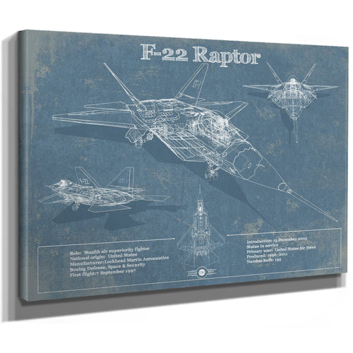 F-22 Raptor Blueprint Aircraft Print as a stretched canvas wrap with gallery wrapped edges