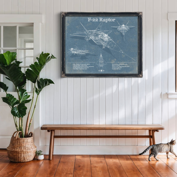 F-22 Raptor Blueprint Aircraft Print framed in Vintage Black above a rustic console table