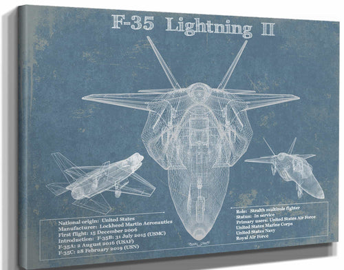 14" x 11" / Stretched Canvas Wrap Cutler West F-35 Aircraft Patent Blueprint Original Design Wall Art