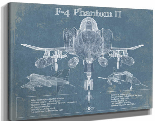14" x 11" / Stretched Canvas Wrap Cutler West F-4 Phantom II Aircraft Blueprint Original Military Wall Art
