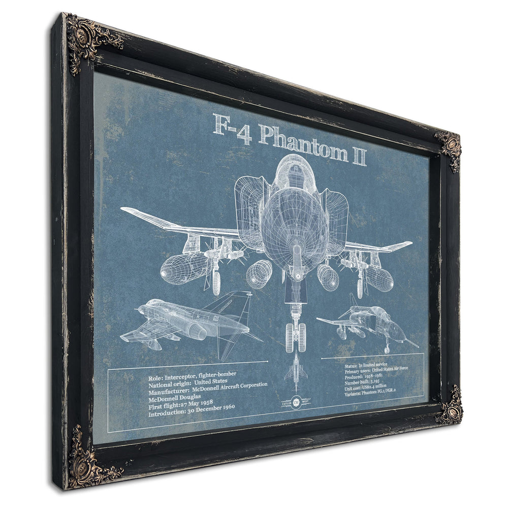 F-4 Phantom II Blueprint Aircraft Print in a distressed Vintage Black wood frame with ornate corners