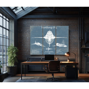 F-5 Tiger Jet Blueprint Aircraft Print as a 3 panel canvas wrap in an industrial loft office