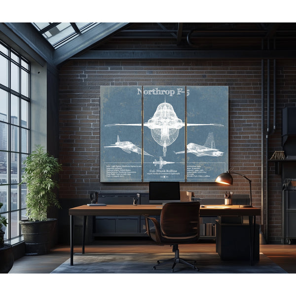 F-5 Tiger Jet Blueprint Aircraft Print as a 3 panel canvas wrap in an industrial loft office