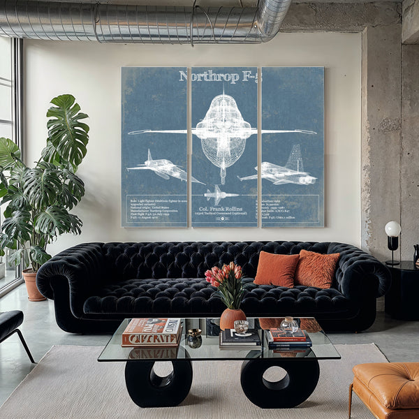 F-5 Tiger Jet Blueprint Aircraft Print as a 3 panel canvas wrap in a modern living room