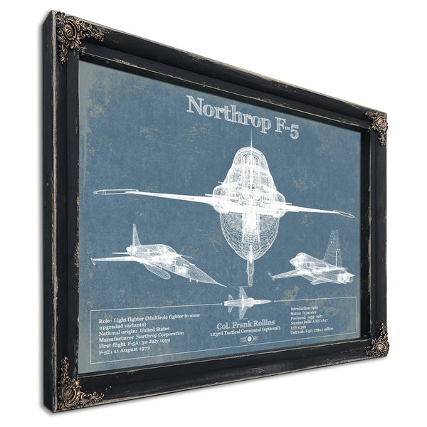 F-5 Tiger Jet Blueprint Aircraft Print in a distressed Vintage Black wood frame with ornate corners