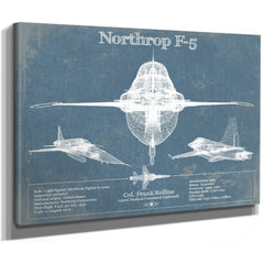 F-5 Tiger Jet Blueprint Aircraft Print as a stretched canvas wrap with gallery wrapped edges