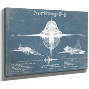 F-5 Tiger Jet Blueprint Aircraft Print as a stretched canvas wrap with gallery wrapped edges