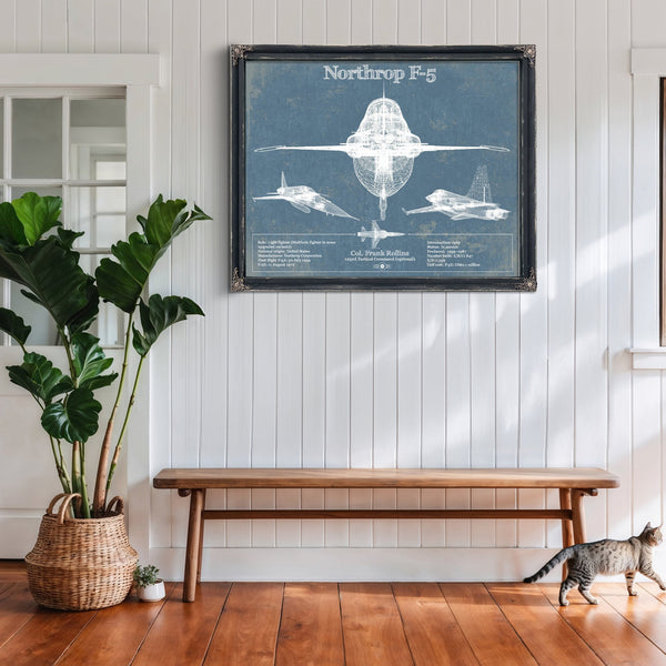 F-5 Tiger Jet Blueprint Aircraft Print framed in Vintage Black above a rustic console table