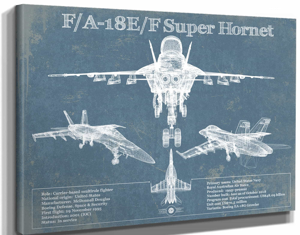 14" x 11" / Stretched Canvas Wrap Cutler West F/A-18F Super Hornet Patent Blueprint Original Military Wall Art