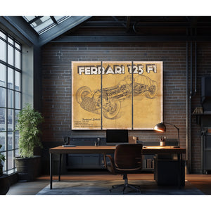 Ferrari 125 F1 Formula One Blueprint Art Print as a 3 panel canvas wrap in an industrial loft office