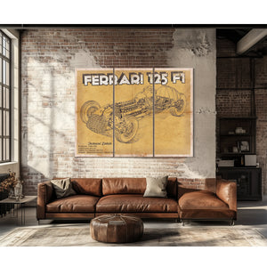 Ferrari 125 F1 Formula One Blueprint Art Print as a 3 panel canvas wrap above a leather sofa