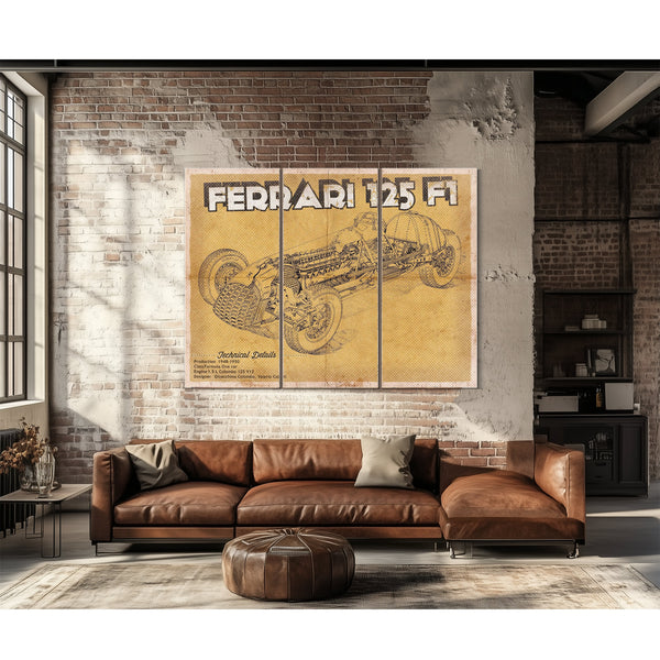 Ferrari 125 F1 Formula One Blueprint Art Print as a 3 panel canvas wrap above a leather sofa