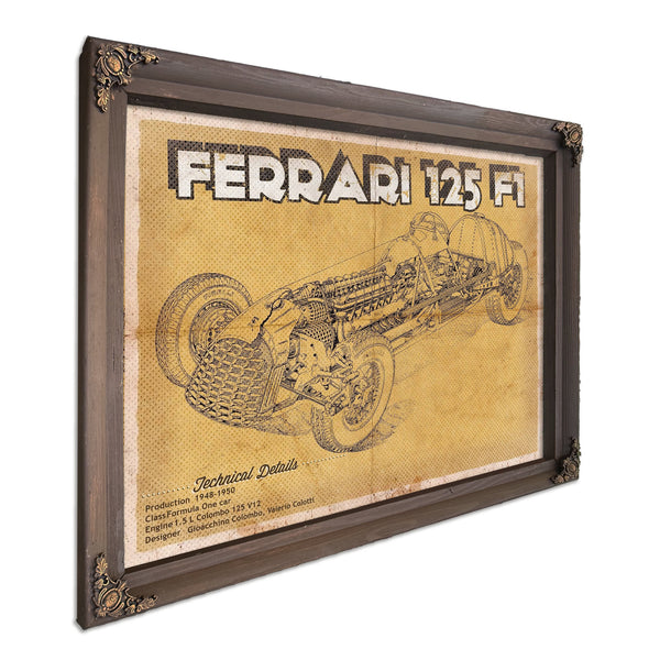 Ferrari 125 F1 Formula One Blueprint Art Print in a Bourbon stained wood frame with antique gold corners