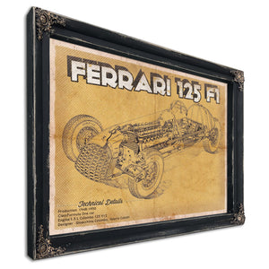 Ferrari 125 F1 Formula One Blueprint Art Print in a distressed Vintage Black wood frame with ornate corners