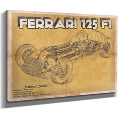 Ferrari 125 F1 Formula One Blueprint Art Print as a stretched canvas wrap with gallery wrapped edges