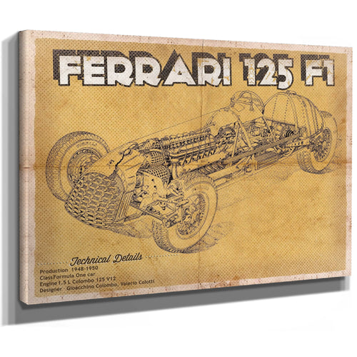 Ferrari 125 F1 Formula One Blueprint Art Print as a stretched canvas wrap with gallery wrapped edges