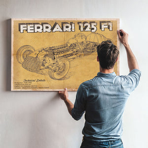 Ferrari 125 F1 Formula One Blueprint Art Print framed in Vintage Black above a mid-century record console