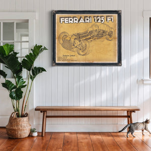 Ferrari 125 F1 Formula One Blueprint Art Print framed in Vintage Black above a rustic console table