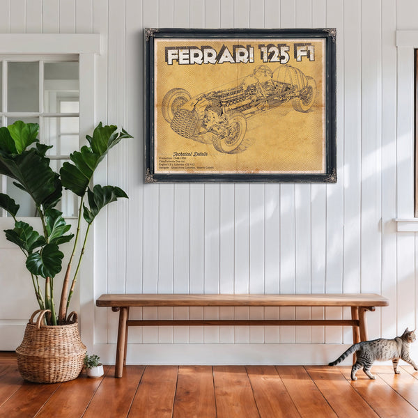 Ferrari 125 F1 Formula One Blueprint Art Print framed in Vintage Black above a rustic console table