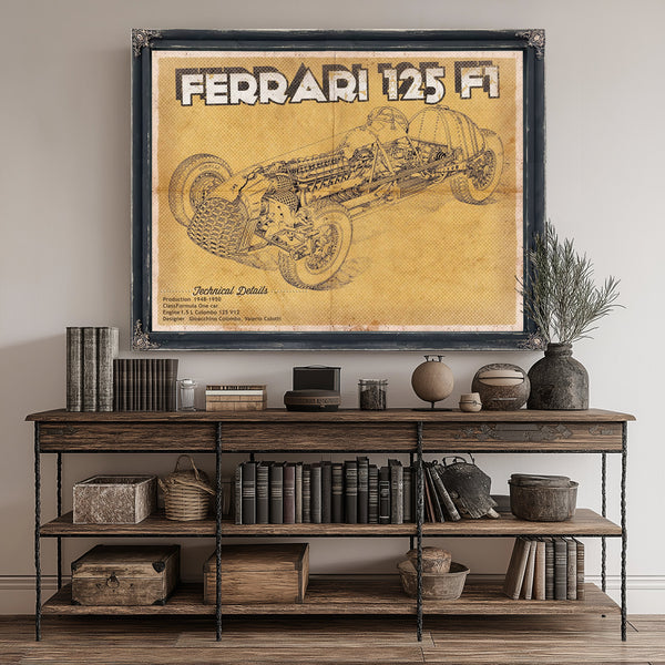 Ferrari 125 F1 Formula One Blueprint Art Print canvas print size guide 24x18 36x24 48x36 inches