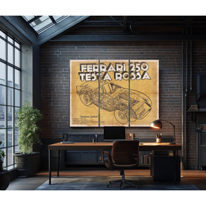 Ferrari 250 Testa Rossa Blueprint Art Print as a 3 panel canvas wrap in an industrial loft office