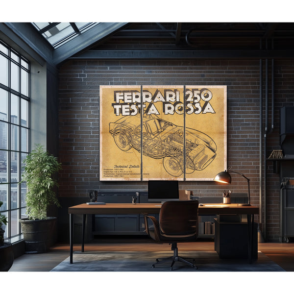 Ferrari 250 Testa Rossa Blueprint Art Print as a 3 panel canvas wrap in an industrial loft office