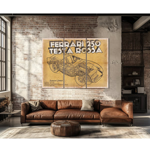 Ferrari 250 Testa Rossa Blueprint Art Print as a 3 panel canvas wrap above a leather sofa