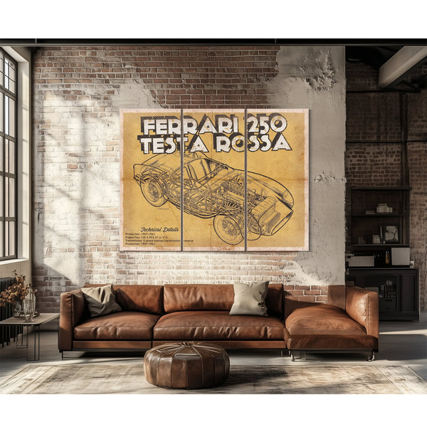 Ferrari 250 Testa Rossa Blueprint Art Print as a 3 panel canvas wrap above a leather sofa