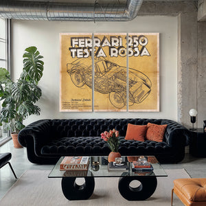 Ferrari 250 Testa Rossa Blueprint Art Print as a 3 panel canvas wrap in a modern living room