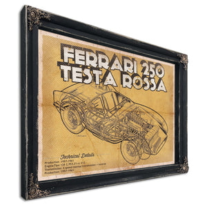 Ferrari 250 Testa Rossa Blueprint Art Print in a distressed Vintage Black wood frame with ornate corners