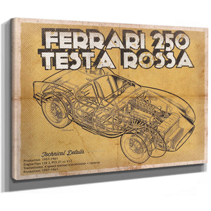Ferrari 250 Testa Rossa Blueprint Art Print as a stretched canvas wrap with gallery wrapped edges
