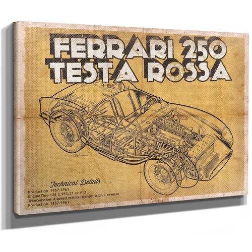 Ferrari 250 Testa Rossa Blueprint Art Print as a stretched canvas wrap with gallery wrapped edges