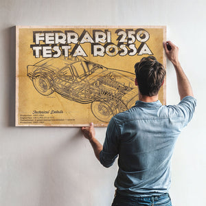 Ferrari 250 Testa Rossa Blueprint Art Print framed in Vintage Black above a mid-century record console