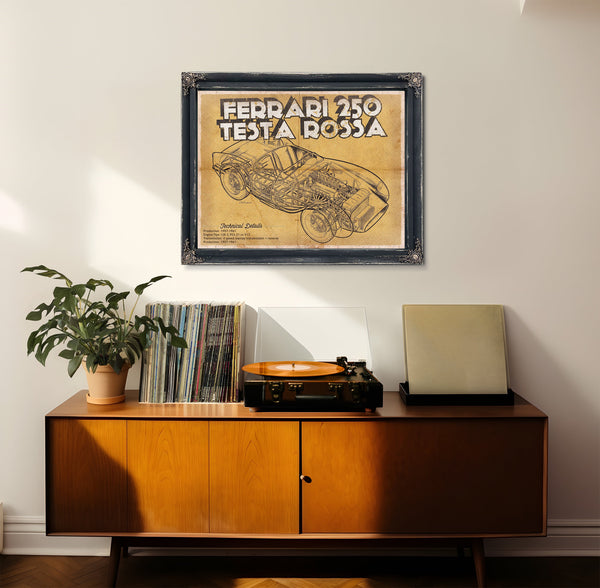 Ferrari 250 Testa Rossa Blueprint Art Print framed in Vintage Black in a loft bedroom