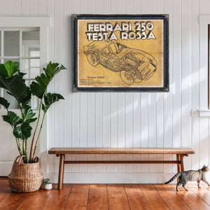 Ferrari 250 Testa Rossa Blueprint Art Print framed in Vintage Black above a rustic console table