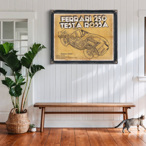 Ferrari 250 Testa Rossa Blueprint Art Print framed in Vintage Black above a rustic console table