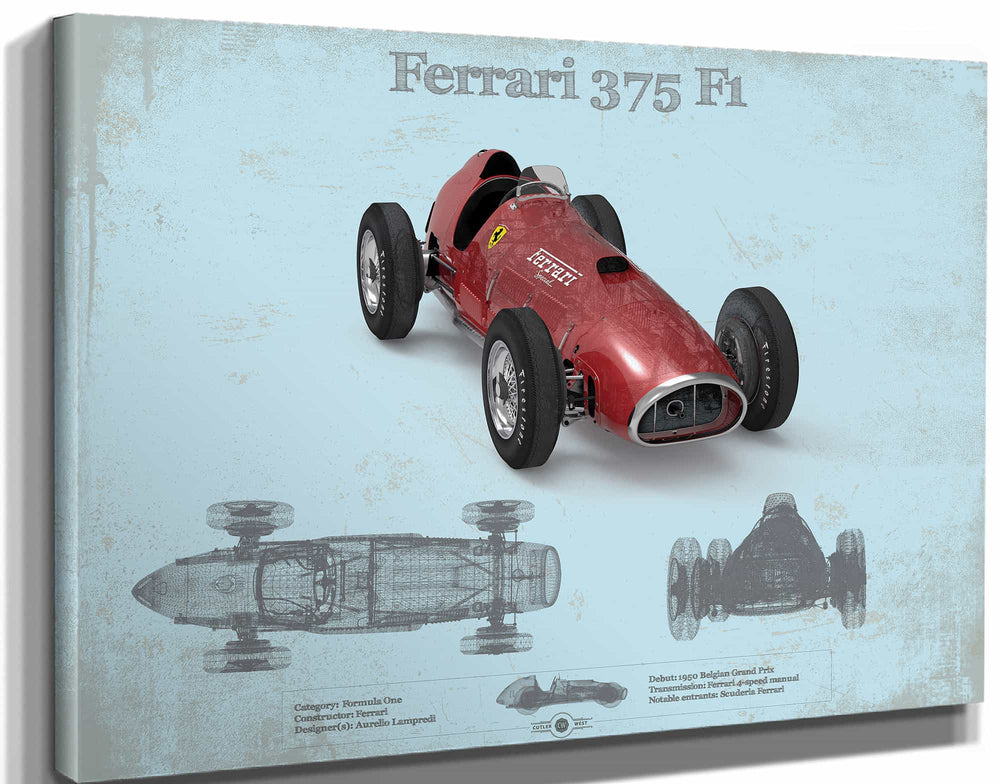 14" x 11" / Stretched Canvas Wrap Cutler West Ferrari 375 Formula One Blueprint Vintage Auto Print