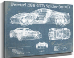 14" x 11" / Stretched Canvas Wrap Cutler West Ferrari 488 GTB Spider (2016) Blueprint Vintage Auto Print