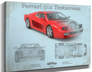 14" x 11" / Stretched Canvas Wrap Cutler West Ferrari 512 Testarossa Blueprint Vintage Auto Print