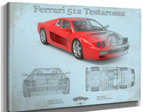 14" x 11" / Stretched Canvas Wrap Cutler West Ferrari 512 Testarossa Blueprint Vintage Auto Print
